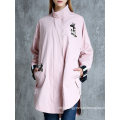 Round Collar Ladies Jacket with Embroidering Long Waist Jacket